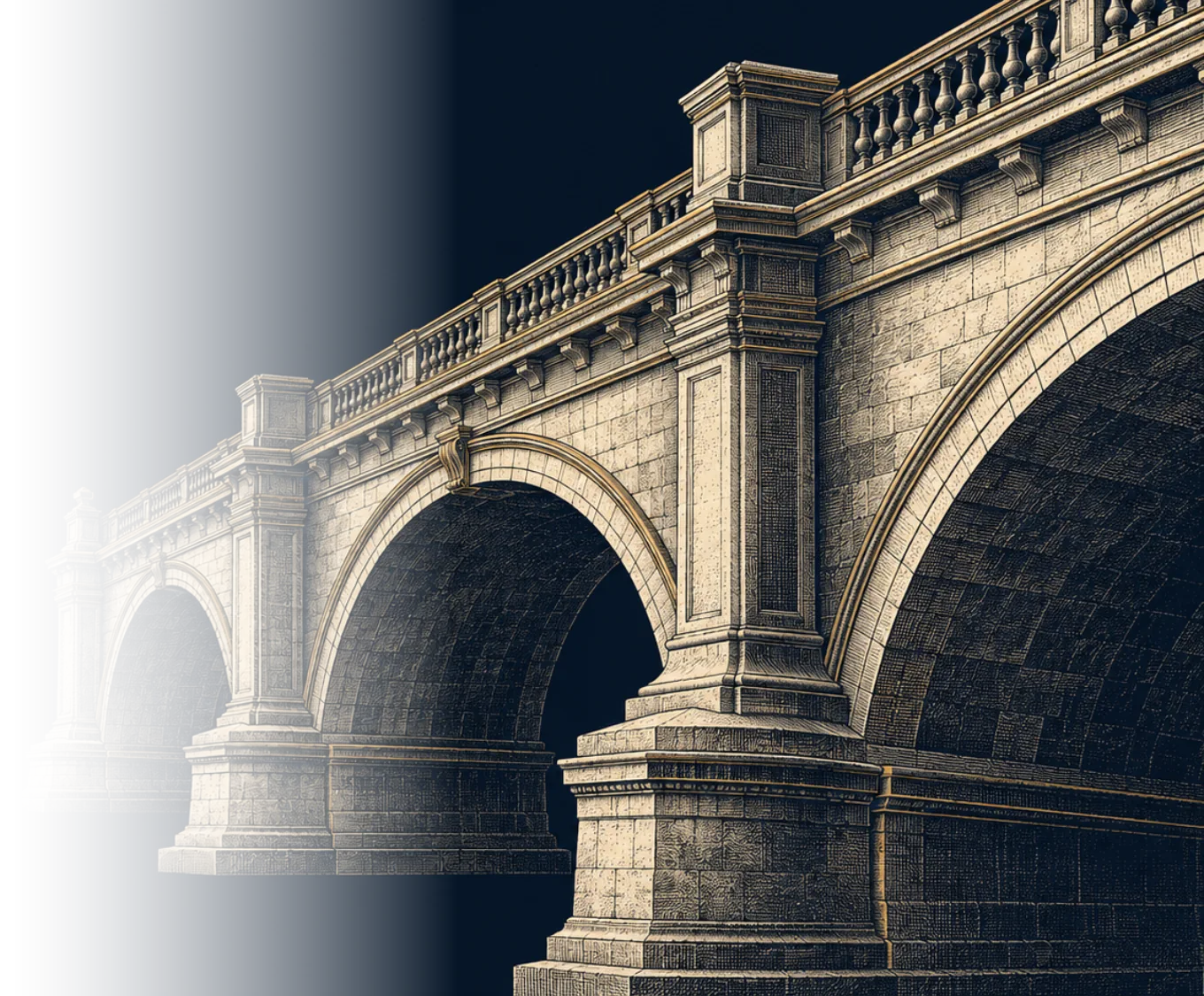 Engraving of a stone bridge, its arches crossing a navy ground.