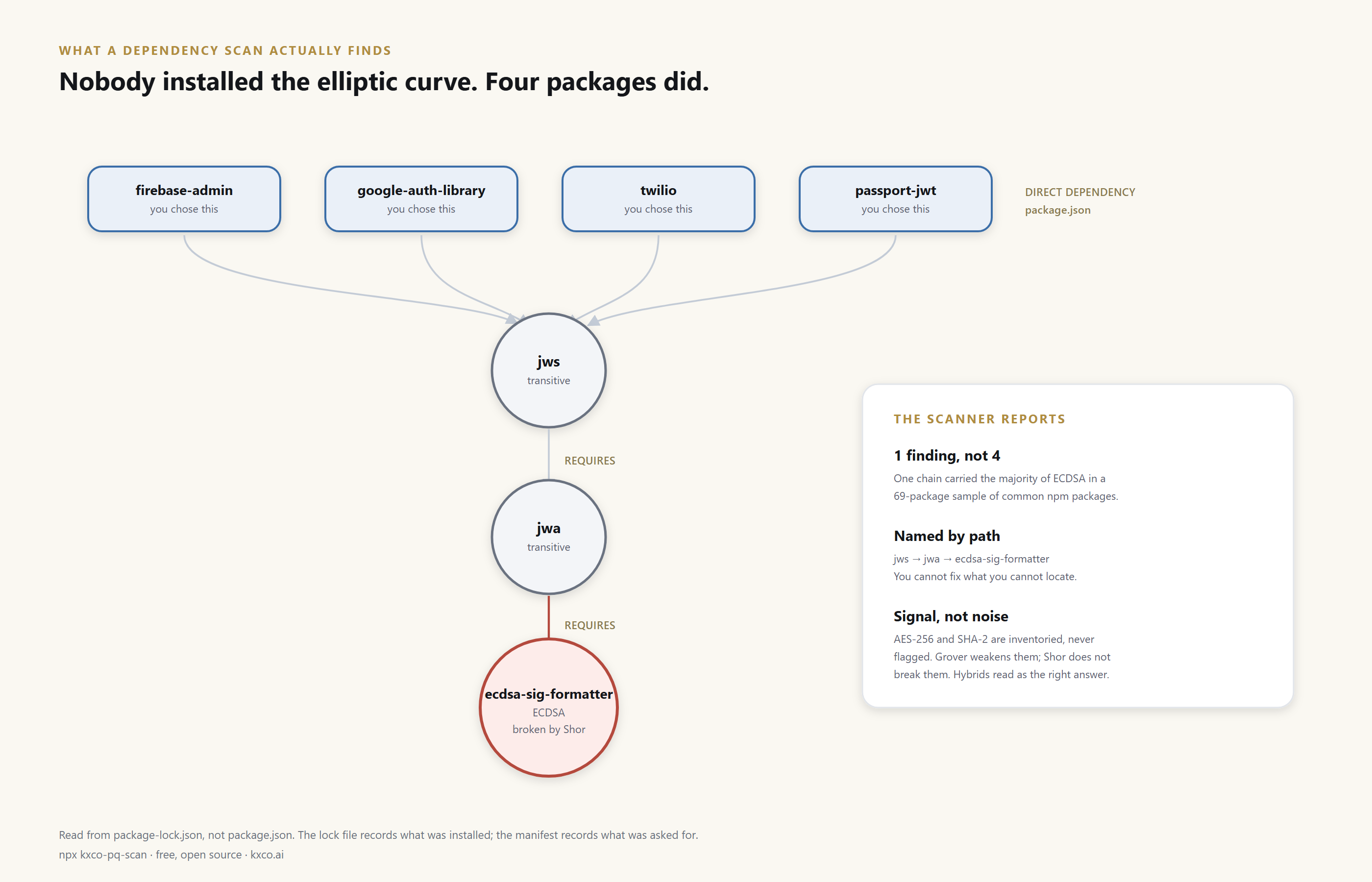 Graph showing firebase-admin, google-auth-library, twilio and passport-jwt all depending on jws, which requires jwa, which requires ecdsa-sig-formatter, the package that actually carries ECDSA.